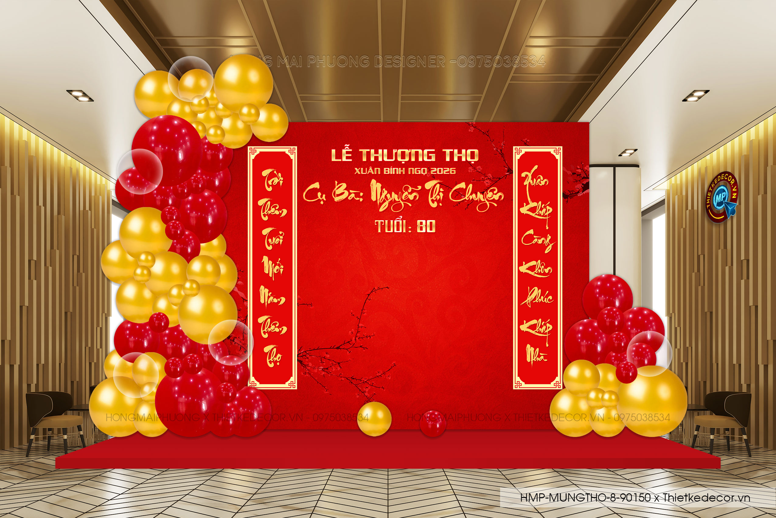 File thiết kế trang trí tiệc mừng thọ tone đỏ vàng sang trọng